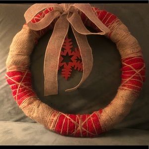 Large red and tan rattan and twine wreath, Dana Hames original